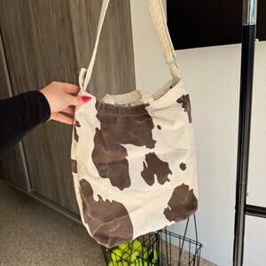 BAGGU Women Tote Bag White Brown Cow Print Canvas Adjustable Strap